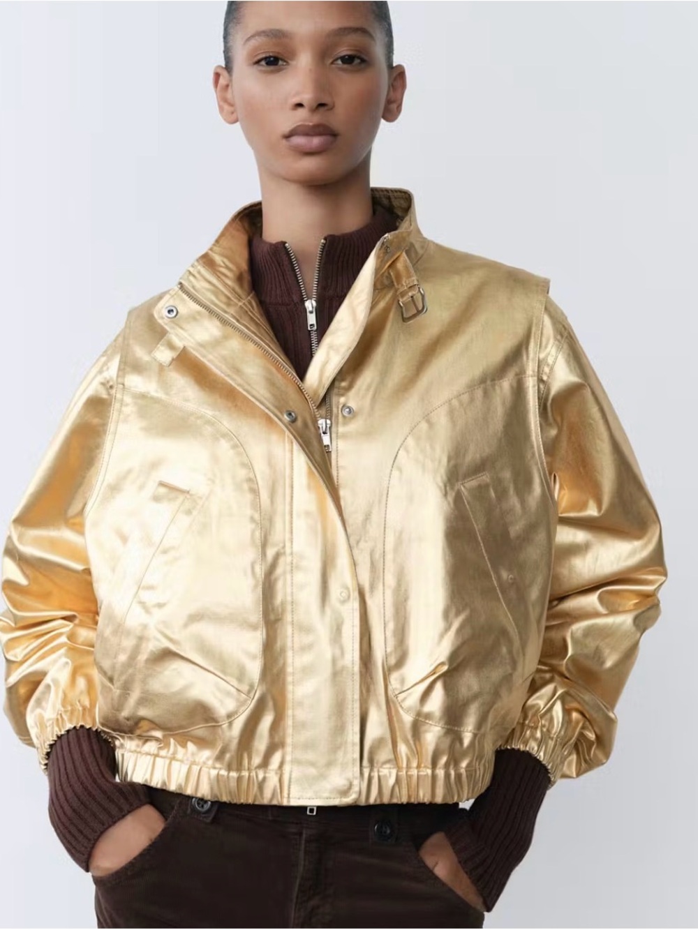 Mango Metallic Gold Bomber Jacket